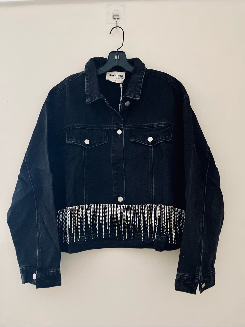 NWT! Savannah Jane Rhinestone Fringe Black Denim Trucker Jacket Western Glam L
